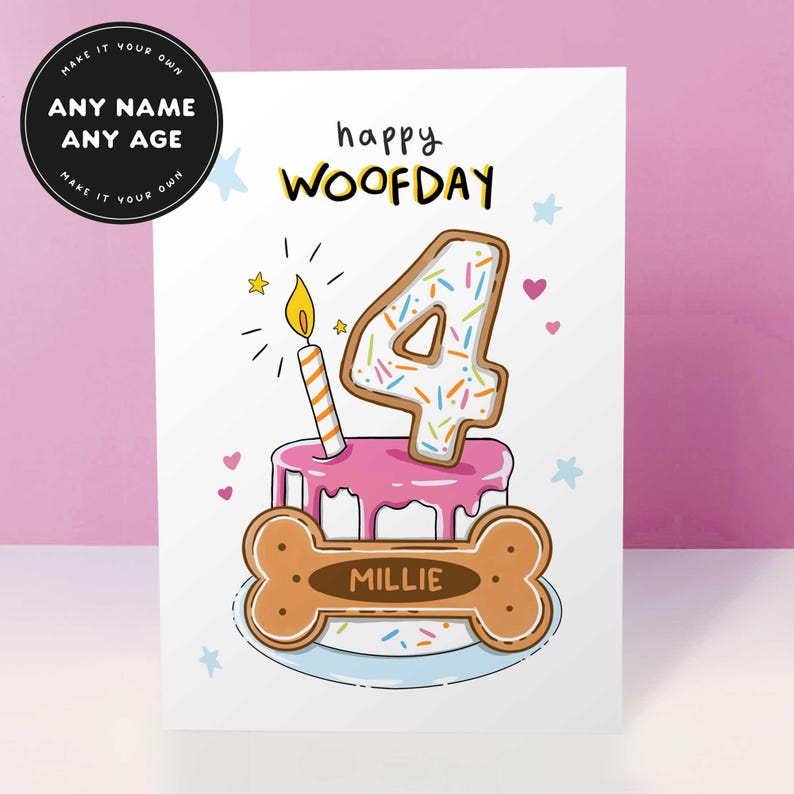 May include: A birthday card with a cartoon illustration. The card features a pink cake with a lit candle and a number 4 cookie. A bone-shaped cookie with the name "Millie" is at the bottom. The words "Happy Woofday" are written above the cake.