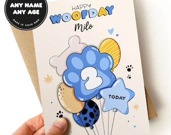 Personalised Dog Birthday Card,  Birthday Card For Dog, Woofday card, Blue Balloon Dog Card, Gift For Dog