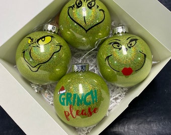 Grinch ornaments, grinch bulbs. Grinch tree ornaments, grinch Christmas, grinch holiday