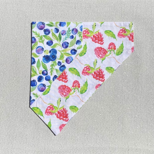 Raspberry, blueberry, reversible, over-the-collar dog/cat bandana, scarf spring and summertime, fruit