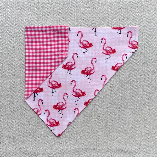 Flamingo, reversible, over-the-collar dog/cat bandana, scarf, pink flamingos, pink gingham spring/summertime