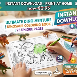 Dinosaur Coloring Book for Kids, 25+ Printable Activity Pages, INSTANT DOWNLOAD, Dino Venture STEM Learning, Kitchen & Space Expedition Fun