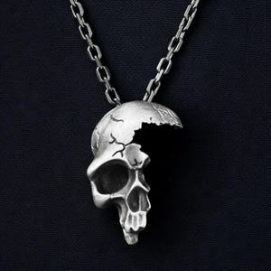 Sterling Silver Half Skull Pendant: Damaged Skull Necklace