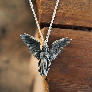 Oxidized Sterling Silver Guardian Angel Pendant Necklace