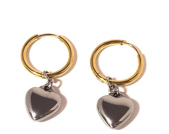 Mixed Metal Heart Huggie Earrings, Two-Tone Dangle Hoops