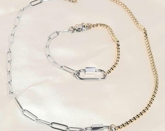 Mixed Metal Carabiner Necklace | Paperclip & Gold Box Chain | Charm Holder Necklace | Loss Mom Gift | Memorial Jewelry