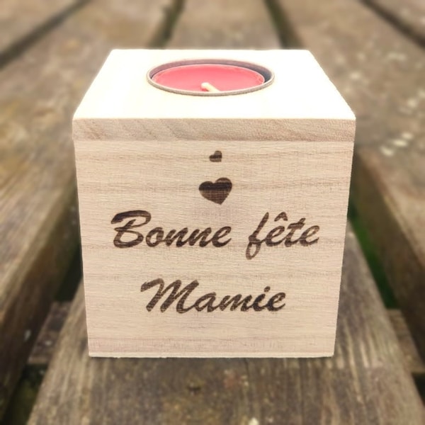 Bougeoir cube bois personnalisable  gravure laser idéal pour maman mamie nounou fête des mères grand mères cadeau nounou Noël Mariage