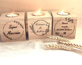 Bougeoir cube bois à personnaliser - gravure laser - maman - mamie - nounou - Noël - Mariage - Atsem - Maitresse