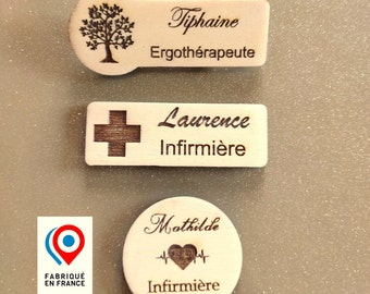 Badge pharmacie personnalisé en bois, pharmacien, préparateur, infirmier(e), Ergo, Kiné, Dentiste, secrétaire, médecin, docteur, hôpital