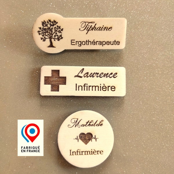 Badge pharmacie personnalisé en bois, pharmacien, préparateur, infirmier(e), Ergo, Kiné, Dentiste, secrétaire, médecin, docteur, hôpital