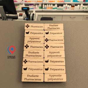 Badge personnalisé en bois, pharmacien, pédiatre, Infirmière, Kiné, Dentiste, Secrétaire, Médecin, Vétérinaire, Sage femme, aide soignante