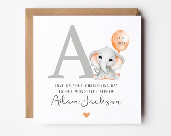 Personalized Christening Card: Elephant Initial, Baptism, Naming Day