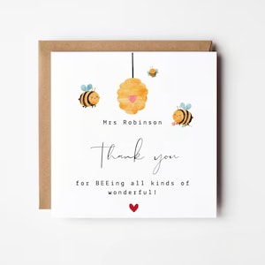 Carte de remerciement personnalisée pour professeur, carte de professeur abeille mignonne, carte de remerciement personnalisée, cadeau de fin d'année pour les enseignants, carte de professeur incroyable