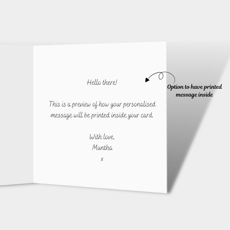 May include: A white card with a handwritten message. The message says "Hello there! This is a preview of how your personalized message will be printed inside your card. With love, Muntha X". There is an arrow pointing to the text "Option to have printed message inside".