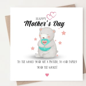 Aan de wereld, je bent een moeder voor onze familie, jouw de wereld, grijze beer Moederdagkaart, Moederdagkaart voor mama, schattige Moederdagkaart