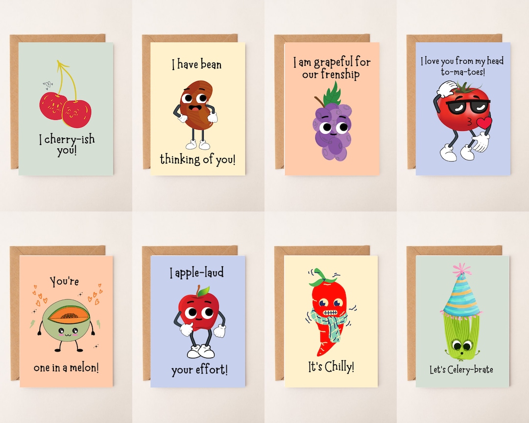 Food Pun Cards, Pack of 8 Funny Fruit and Vegetable Cards, Vegetable