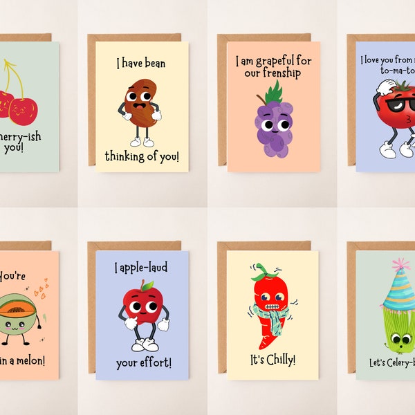 Food Pun Cards, Pack of 8 Funny Fruit and Vegetable Cards, Vegetable Jokes, Fruit Jokes, Cute Cards, Fruit Pun Card, Vegetable Pun Card,