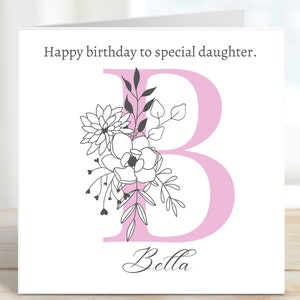 Cartão de aniversário exclusivo com monograma personalizado, cartão de aniversário floral, cartão para ela, nome e cartão de aniversário inicial, qualquer inicial, nome e relação