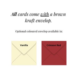 Pu&ograve; includere: L'immagine presenta il testo: "Tutte le carte sono fornite con una busta kraft marrone." e "Busta colorata opzionale disponibile in:" con due opzioni di busta: Vaniglia e Rosso Cremisi. La busta Vaniglia &egrave; color crema e la busta Rosso Cremisi &egrave; rosso scuro.