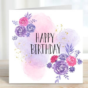 Floral Happy Birthday Card voor haar, roze en paarse verjaardagskaart, schattige Bday, verjaardagskaart voor moeder, zus, vriend, nichtje, tante, oma