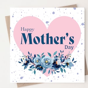 Carte florale rose et bleue pour la fête des mères, carte coeur fête des mères, carte florale joyeuse fête des mères pour elle, belle-mère, mère adoptive, grand-mère, nounou