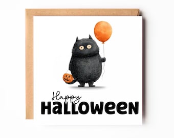 Black Cat Happy Halloween Card – Cute Spooky Greeting, Witchy Cat Card, Gothic Halloween Card for Friends, Family or Neighbours, Cat Card