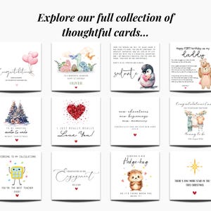 Pu&ograve; includere: Una collezione di biglietti di auguri con vari disegni e messaggi. Le carte presentano illustrazioni di un pinguino, un orso, un riccio e altre grafiche. Il testo sulle carte include frasi come "Buon compleanno", "Ti amo" e "Buon Natale."