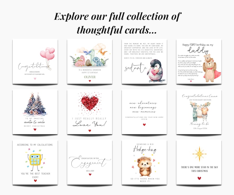 Pu&ograve; includere: Una collezione di biglietti di auguri con vari disegni e messaggi. Le carte presentano illustrazioni di un pinguino, un orso, un riccio e altre grafiche. Il testo sulle carte include frasi come "Buon compleanno", "Ti amo" e "Buon Natale."
