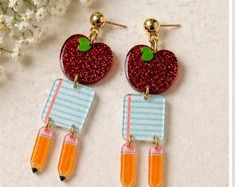 Pendientes para profesoras, pendientes colgantes de Apple Pencil, joyería para la vuelta al cole, regalo para profesoras, pendientes bonitos para el aula, pendientes llamativos de acrílico.