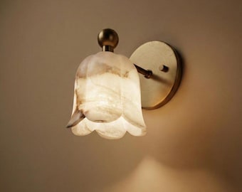 Handmade Mid Century Modern Brass Ruffle Alabaster Flower Shade Wall Sconce Marble Wall Light Scandinavian Lighting Fixture Art Deco Lamp
