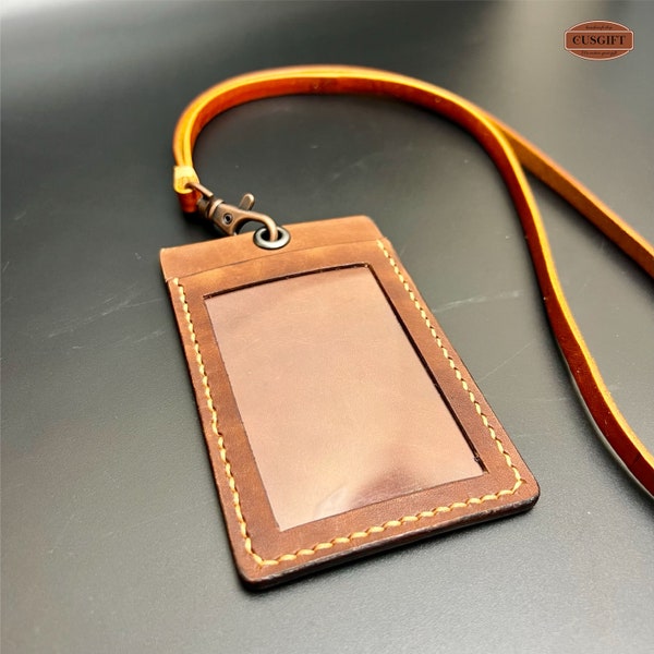 Lanière personnalisée, cuir de vachette véritable, porte-cartes d'identité, badge de travail en cuir, longueur de lanière, cadeau personnalisé