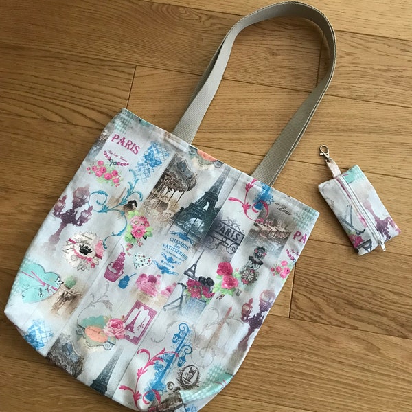 Tote bag rétro "Paris" et son porte-monnaie, Sac tissu Paris