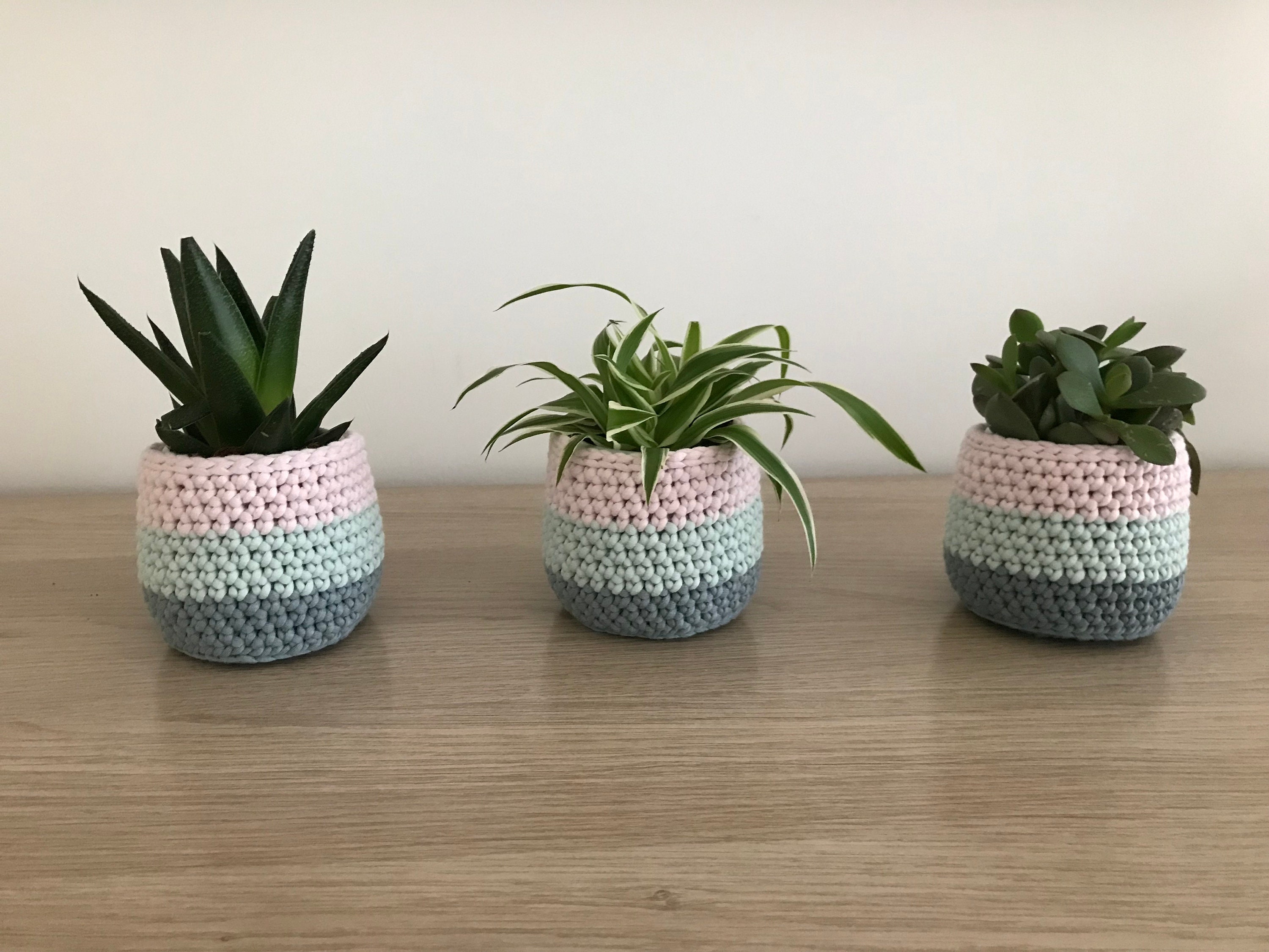 Mini Cache-Pot en Crochet Aux Couleurs Pastel - Pot Scandinave Rose Poudré et Vert Menthe