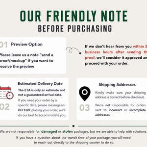 K&ouml;nnte beinhalten: Eine informative Grafik mit dem Titel OUR FRIENDLY NOTE BEFORE PURCHASING. Sie erl&auml;utert drei Punkte: eine Vorschauoption, voraussichtliche Liefertermine und Anforderungen an die Lieferadresse, sowie Richtlinien und Kontakt zum Versanddienstleister.