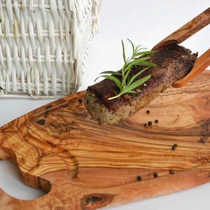 Large Olive Wood Steak Board RUSTIC with Pull Tab +Juice Groove (18-20 inches)| Live Edge Handmade Cutting Board| No 2 Boards Are Alike