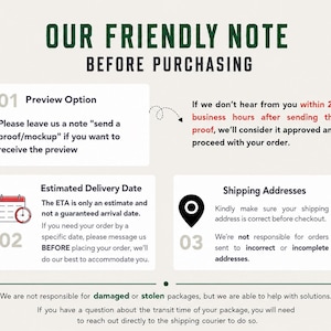 May include: An informational graphic titled OUR FRIENDLY NOTE BEFORE PURCHASING. It outlines three points: a preview option, estimated delivery dates, and shipping address requirements, with text explaining order policies and courier contact.