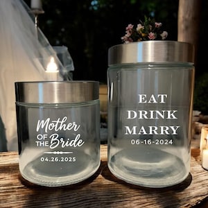 Juego de tarros de cristal personalizados / Tarros de cristal grabados a medida para bodas / Para él y ella, novios / Regalo de tarro grande y pequeño / Decoración rústica para bodas