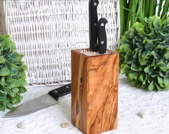 Bloque para cuchillos de madera de olivo / Almacenamiento universal para cuchillos de pelar, preparar alimentos y cortar carne / Hecho a mano con madera de olivo auténtica / Organizador de cuchillos / Regalos