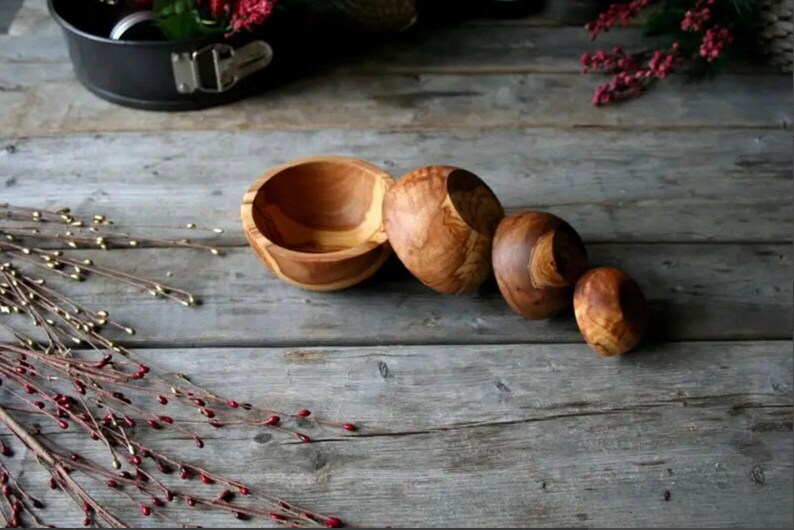 Set mit 4 natürlichen Olivenholzschalen | Holzschalen-Sets | Saucenschalen | Snackschalen| Handgemachte Holzschalen | Holz Gewürzschalen | Lebensmittelsichere Holzschale Bild 5