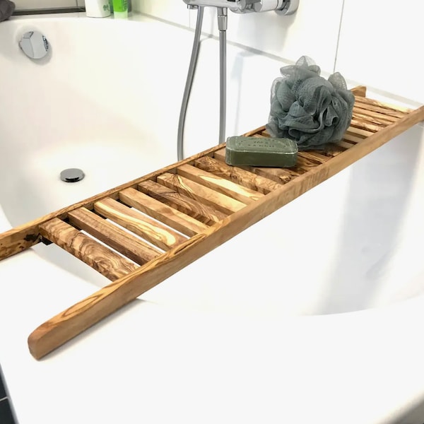 30 inch Olive Wood Bath Tray| Handmade Olive Wood Shower Caddy| Bath Caddy| Bath Tray| Soap and Razor Tray| Bathroom Shelf| Shower Caddy