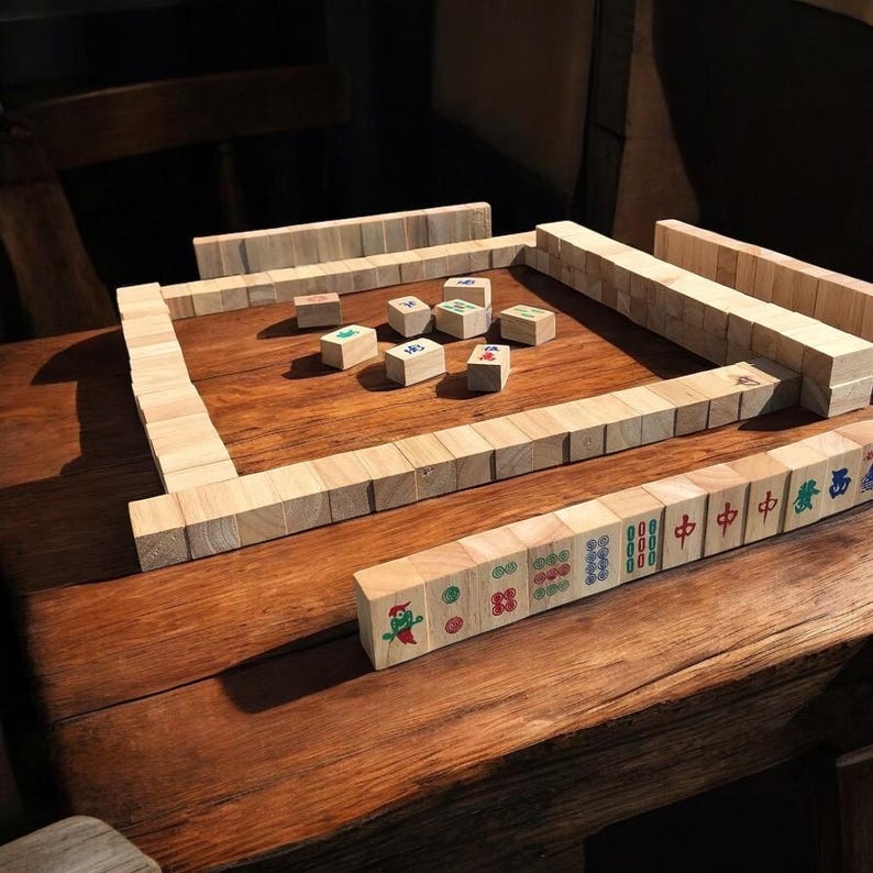 K&ouml;nnte beinhalten: Ein Set aus h&ouml;lzernen Mahjong-Spielsteinen, die in einer quadratischen Formation auf einer dunklen Holzoberfl&auml;che angeordnet sind. Einige Steine liegen verdeckt im Randbereich, andere liegen offen in der Mitte und vorne mit farbigen Symbolen.