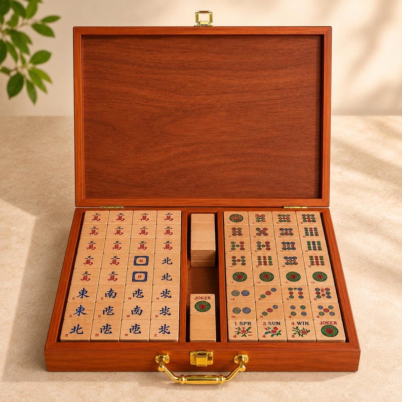 K&ouml;nnte beinhalten: Ein Mahjong-Spiel aus Holz in einem rechteckigen Koffer mit Klappdeckel sowie einem goldenen Metallverschluss und Griff. Das Innere enth&auml;lt Reihen von hellen Spielsteinen mit verschiedenen roten, blauen, gr&uuml;nen und schwarzen Gravuren.