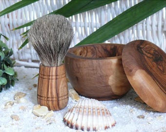Olive Wood Shaving Kit With Badger Hair Brush| 3 Piece Kit| Perfect For Dads, Husbands, Boyfriends, And More| Handmade Gifts|