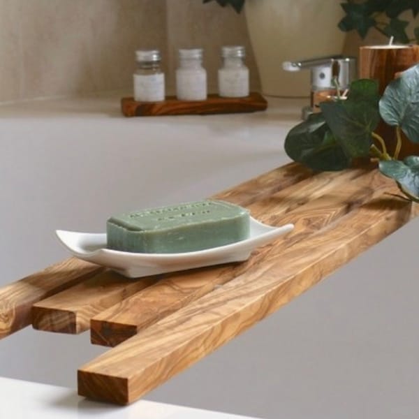 Olive Wood Bath Tray Handgemaakte Olijfhouten Douche Caddy | Bath Caddy Badbak| Zeep en scheermes tray| Badkamerplank | Douche Caddy