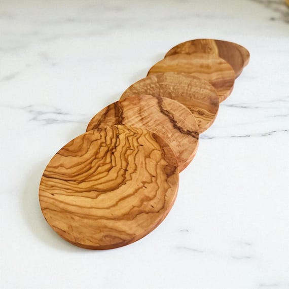 LARGE Round Rustic Olive Wood Coasters | Natural Wood Coaster Set | Handmade Rustic Kitchen Decor | Wedding or Ranch Gifts | Rustic Touch