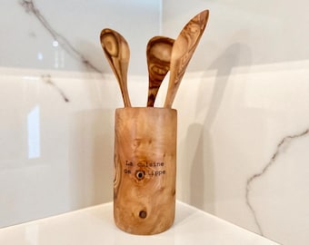 Rustic Olive Wood Round Utensil Holder | Handmade Kitchen Organizer | Engraved Wooden Counter Storage for Spoons & Tools| Kitchen Must Haves