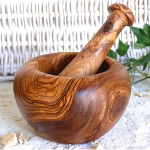 Mortero rústico de madera de olivo, juego de mortero y maja de 12 cm, molinillo de hierbas de madera para especias y guacamole, juego de mortero y maja, decoración de cocina de estilo rústico