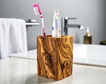 Olive Wood Rectangle Bathroom Cup | Rustic Toothbrush Holder | Natural Wood Vanity Organizer | Handmade Olive Wood Container