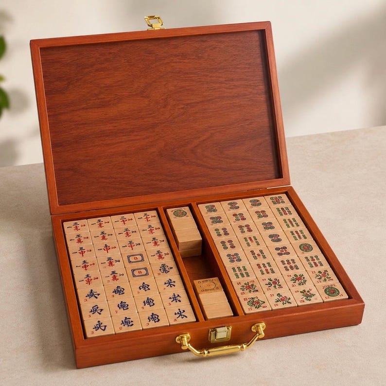 K&ouml;nnte beinhalten: Ein Mahjong-Spiel aus Holz in einem rechteckigen Koffer mit Klappdeckel. Das Innere verf&uuml;gt &uuml;ber organisierte F&auml;cher mit rechteckigen Spielsteinen, die mit verschiedenen roten, blauen und gr&uuml;nen Symbolen, Schriftzeichen und Blumenmotiven graviert sind.
