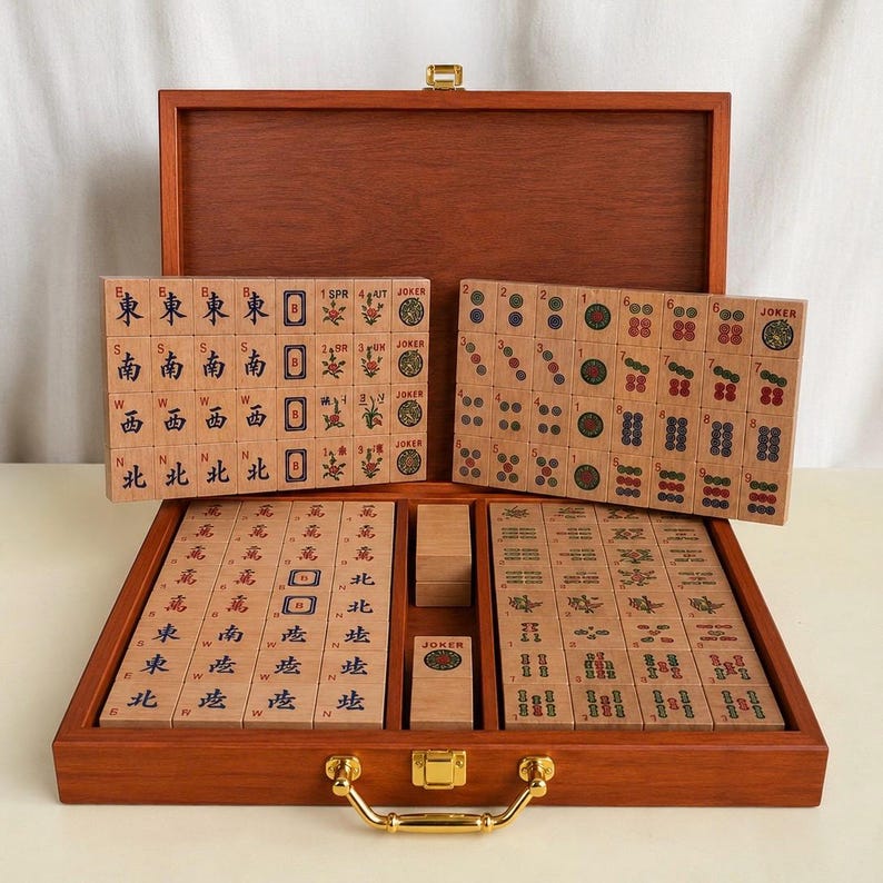 K&ouml;nnte beinhalten: Ein Mahjong-Spiel aus Holz in einem braunen Koffer mit goldenem Metallverschluss und Griff. Das Set enth&auml;lt zahlreiche rechteckige Spielsteine mit eingravierten chinesischen Schriftzeichen, Blumenmotiven und Joker-Symbolen in Schwarz, Rot und Gr&uuml;n.
